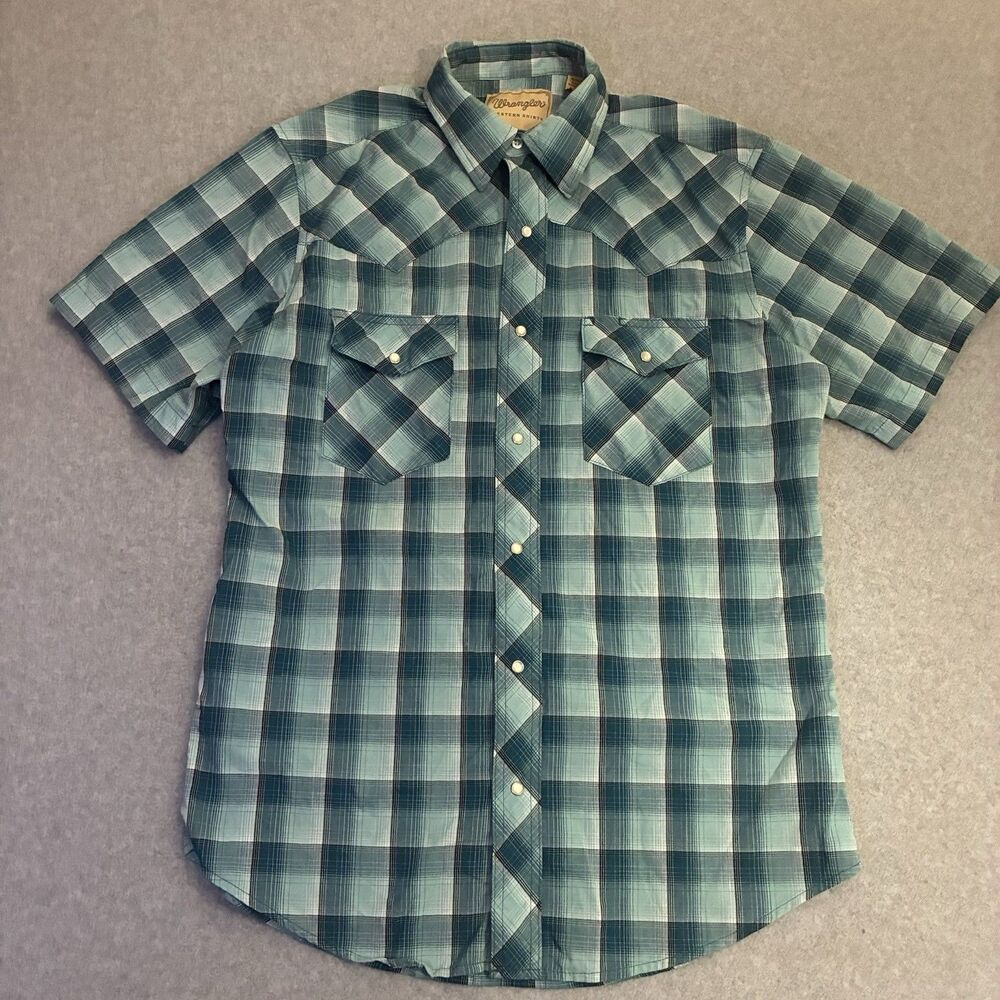 Wrangler Western Shirt Men’s Medium Blue Plaid Pearl Snap Cowboy Ranch